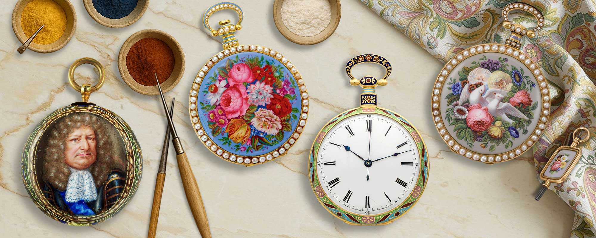Enamel case designs of antique pocket watches