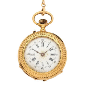 Swiss 18K gold keyless wind cylinder watch with chain Circa 1900