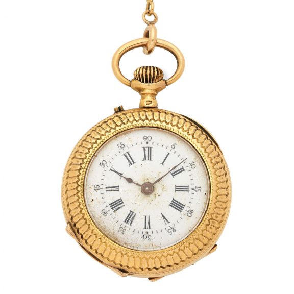 Swiss 18K gold keyless wind cylinder watch with chain Circa 1900