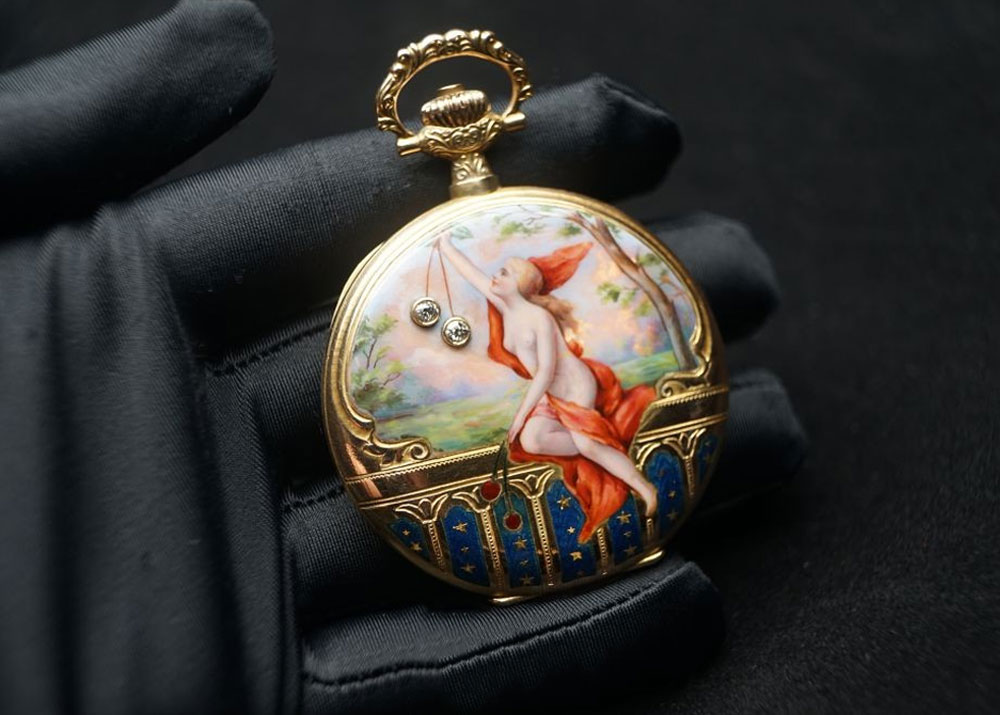 Circa Late 19th Century, 49mm, 14K gold hunter case with enamel and diamond-set