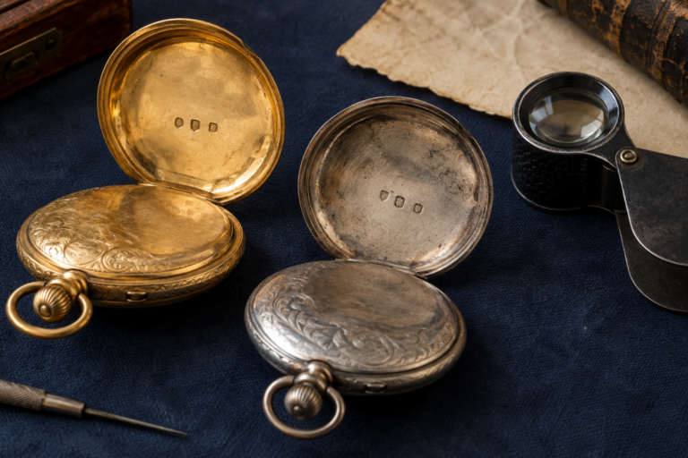 Gold and silver antique pocket watch cases open to reveal tiny hallmarks under a loupe