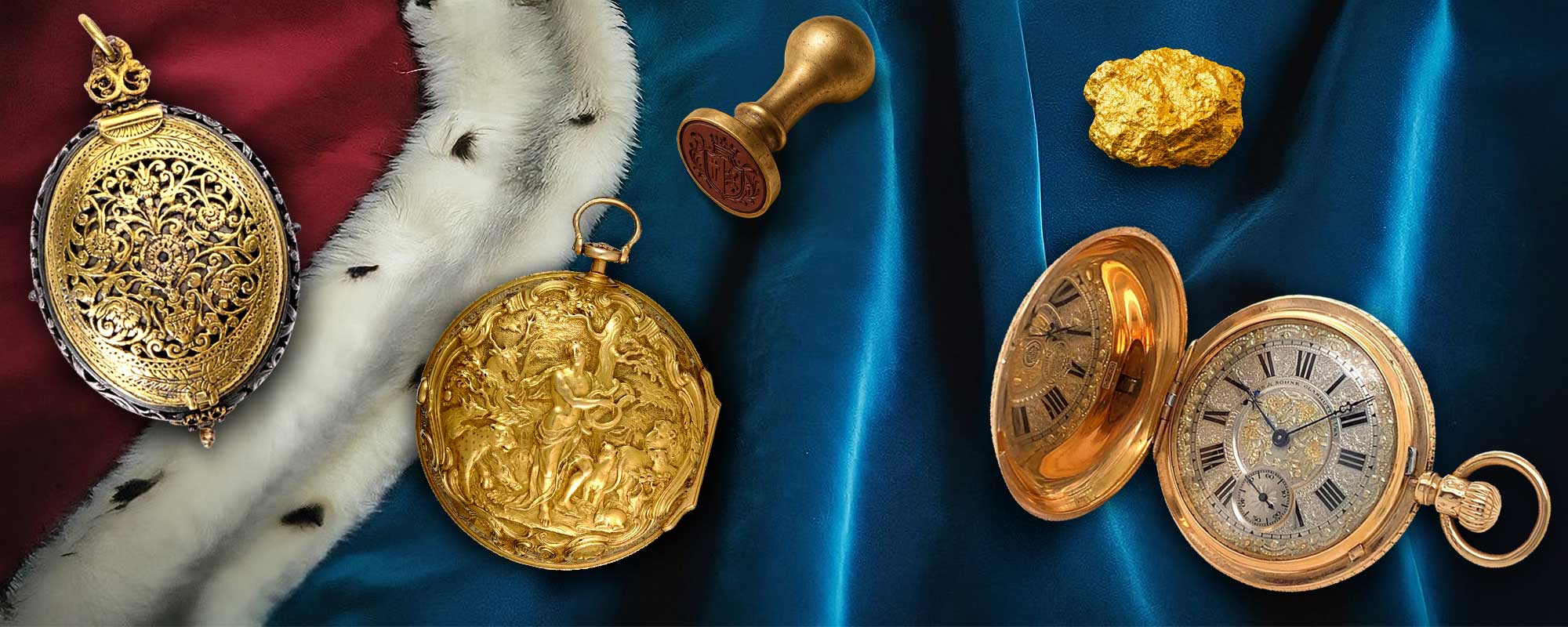 Golden case designs of antique pocket watches