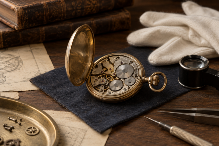 Antique gold pocket watch with loupe and archival notes on a curator’s desk