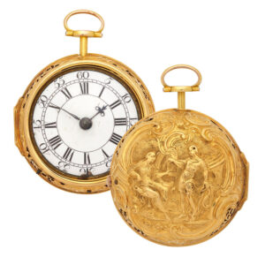 English gold key wind repousse pair cased clock watch Circa 1750