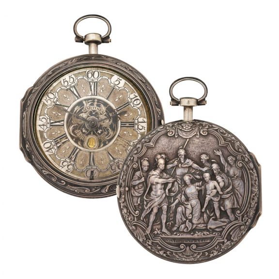 English silver pair cased repoussé watch with date Circa 1750 English silver pair cased repoussé watch with date Circa 1750