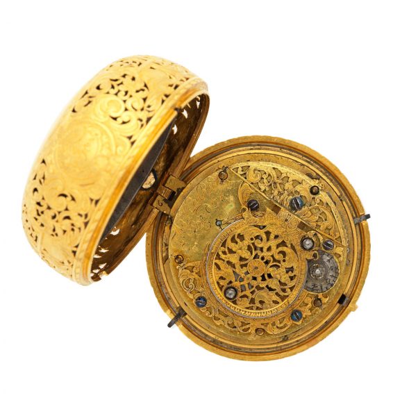 English gold key wind repousse pair cased clock watch Circa 1750 English gold key wind repousse pair cased clock watch Circa 1750