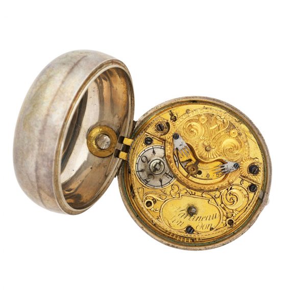 English silver pair cased repoussé watch with date Circa 1750 English silver pair cased repoussé watch with date Circa 1750