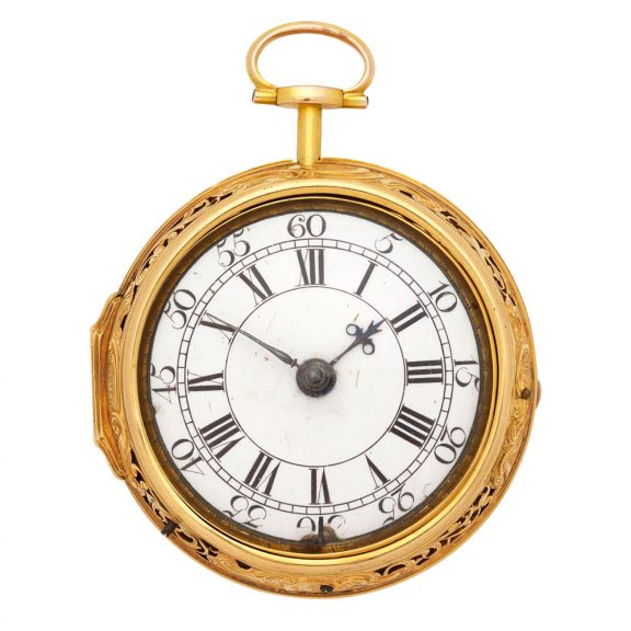 English gold key wind repousse pair cased clock watch Circa 1750 English gold key wind repousse pair cased clock watch Circa 1750