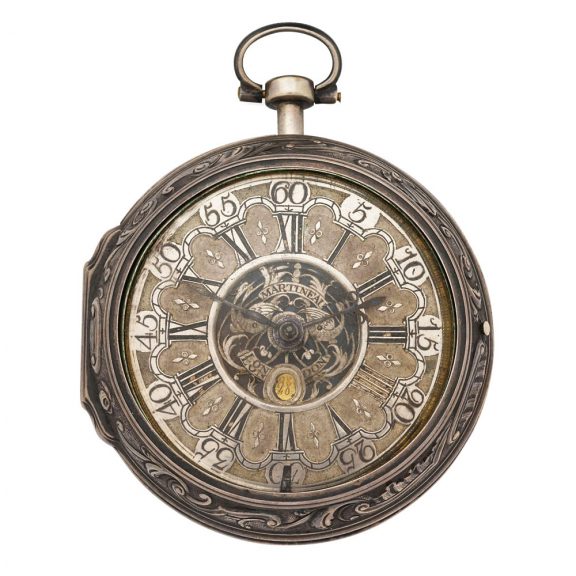 English silver pair cased repoussé watch with date Circa 1750 English silver pair cased repoussé watch with date Circa 1750