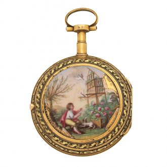 Swiss gold watch with polychrome enamel painted scene Circa 1800