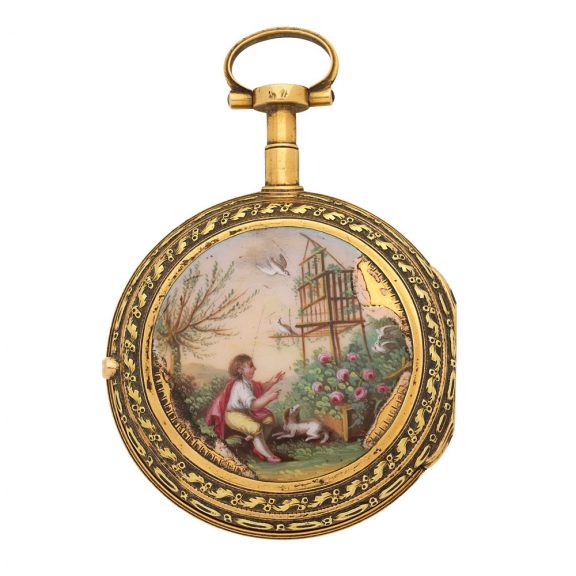 Swiss gold watch with polychrome enamel painted scene Circa 1800