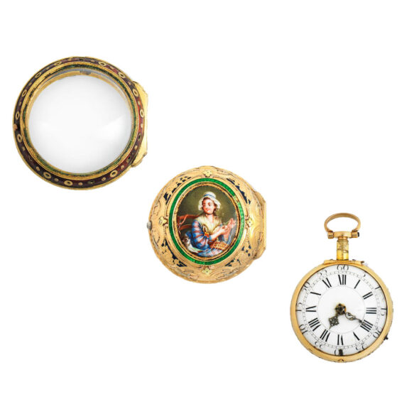 French enamel quarter repeating triple cased gold verge Circa 1780 French enamel quarter repeating triple cased gold verge Circa 1780