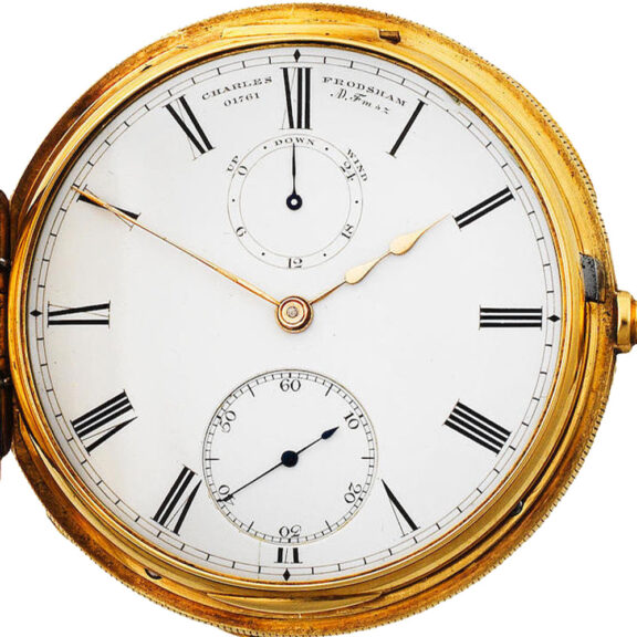 English gold half hunting cased watch with power reserve Circa 1861 English gold half hunting cased watch with power reserve Circa 1861