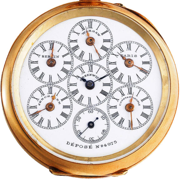 Swiss 18 carat gold keyless watch with six time zones Circa 1900 Swiss 18 carat gold keyless watch with six time zones Circa 1900