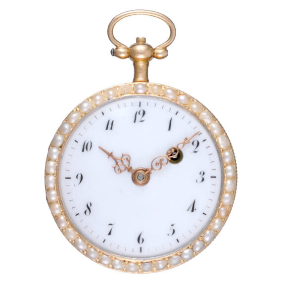 A French verge in a pearl set gold and enamel case Circa 1810 A French verge in a pearl set gold and enamel case Circa 1810