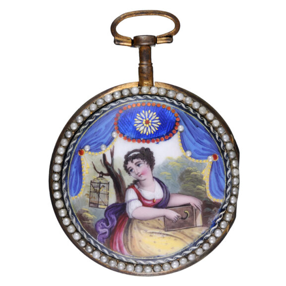 A Swiss verge in a pearl set gilt metal and enamel case circa 1790