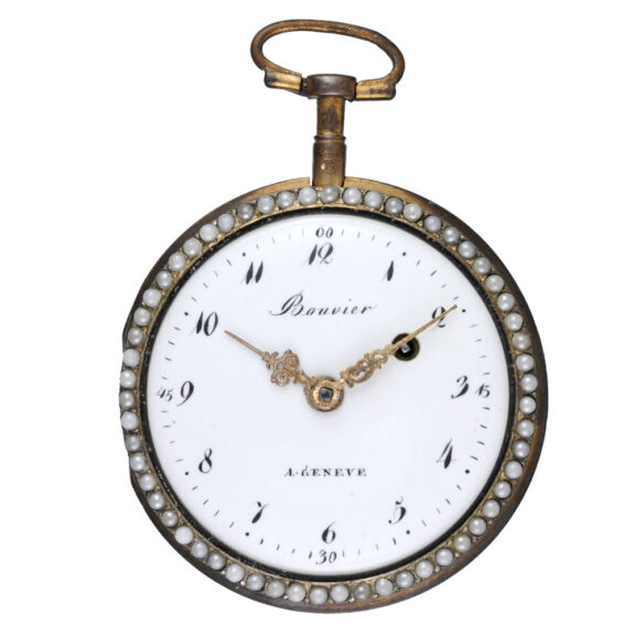 A Swiss verge in a pearl set gilt metal and enamel case circa 1790 A Swiss verge in a pearl set gilt metal and enamel case circa 1790