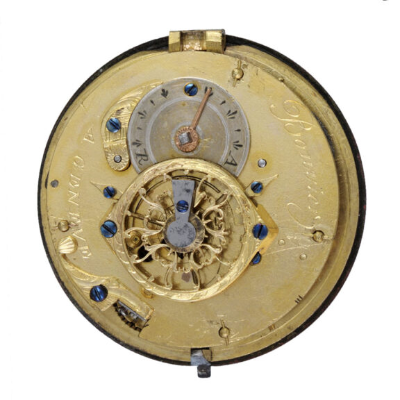 A Swiss verge in a pearl set gilt metal and enamel case circa 1790 A Swiss verge in a pearl set gilt metal and enamel case circa 1790