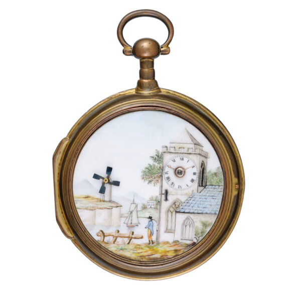 English verge with windmill automaton in gilt pair cases Circa 1790