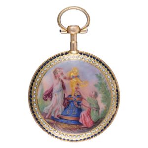 A small Swiss virgule watch in a gold and enamel case circa 1790