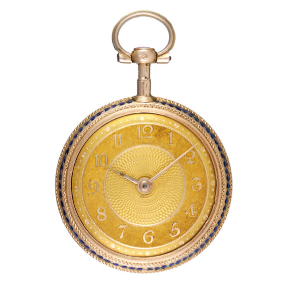 A small Swiss virgule watch in a gold and enamel case circa 1790 A small Swiss virgule watch in a gold and enamel case circa 1790