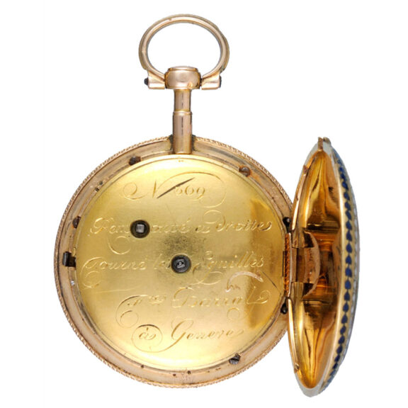 A small Swiss virgule watch in a gold and enamel case circa 1790 A small Swiss virgule watch in a gold and enamel case circa 1790