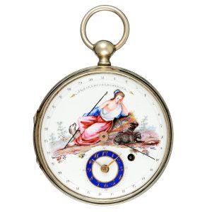 Swiss calendar verge with polychrome dial in nickel case Circa1790
