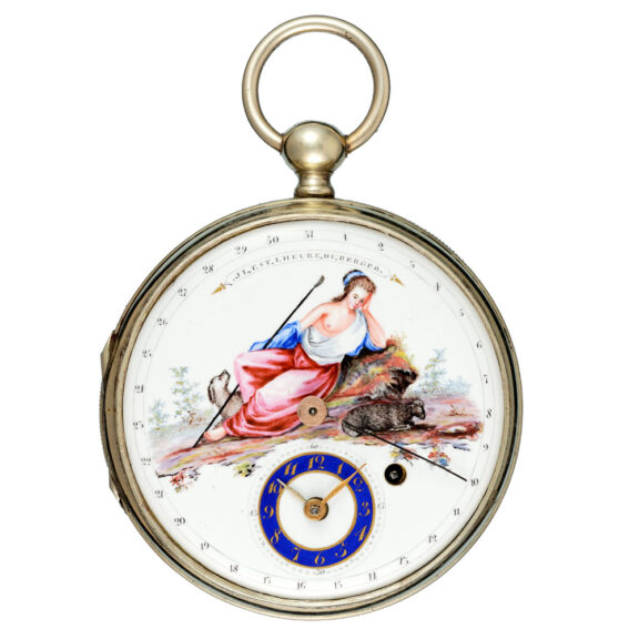 Swiss calendar verge with polychrome dial in nickel case Circa1790 Swiss calendar verge with polychrome dial in nickel case Circa1790