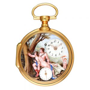 A calendar verge with polychrome enamel painted dial Circa 1790