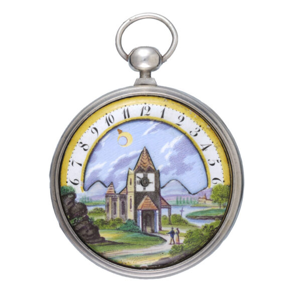 Swiss silver verge watch with sun and moon dial Circa 1800