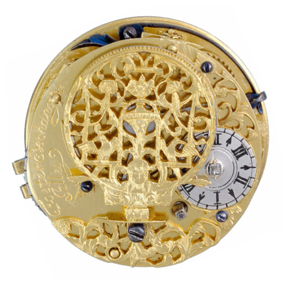 Verge with silver champlevé sun and moon dial Circa 1695 Verge with silver champlevé sun and moon dial Circa 1695