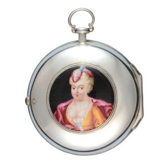 English silver mock pendulum verge with enamel portrait Circa 1695