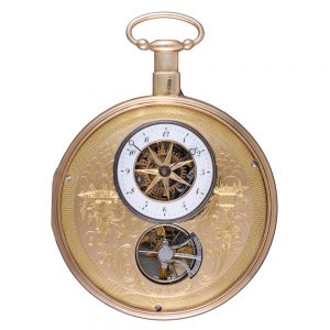 A Swiss skeletonised quarter repeater in a gold case Circa 1820