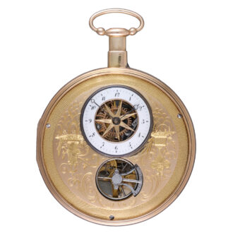 A Swiss skeletonised quarter repeater in a gold case Circa 1820