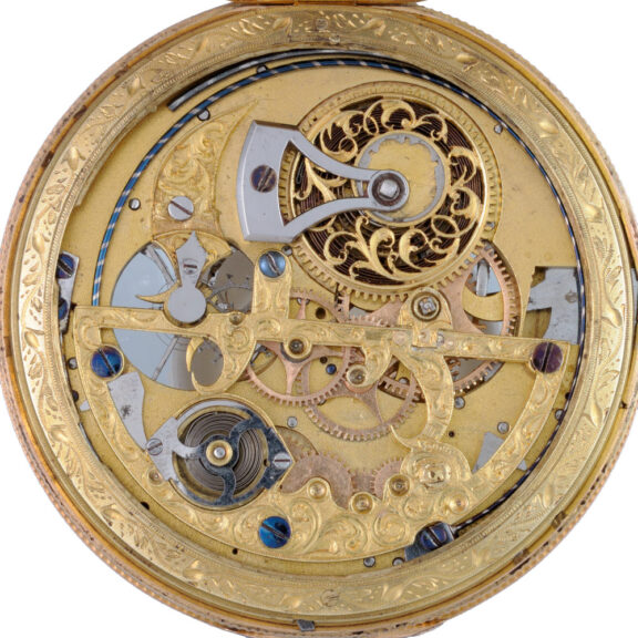 A Swiss skeletonised quarter repeater in a gold case Circa 1820 A Swiss skeletonised quarter repeater in a gold case Circa 1820