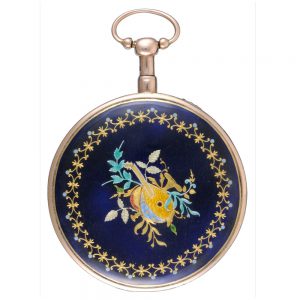 A Swiss gold enamel quarter repeating musical watch Circa 1820