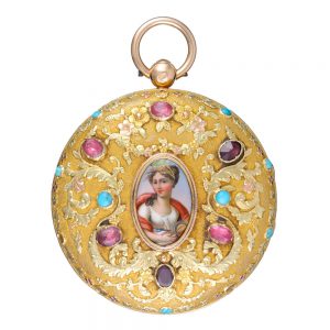A French gold verge with gems and enamel portrait Circa 1820
