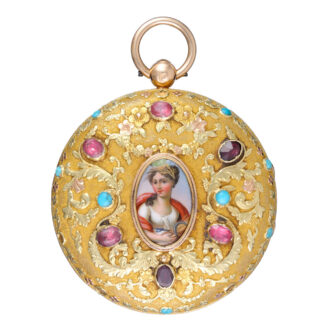 A French gold verge with gems and enamel portrait Circa 1820 A French gold verge with gems and enamel portrait Circa 1820