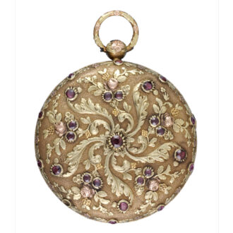 A Swiss verge in a three colour gold ruby set case Circa 1820