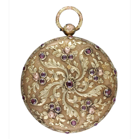 A Swiss verge in a three colour gold ruby set case Circa 1820