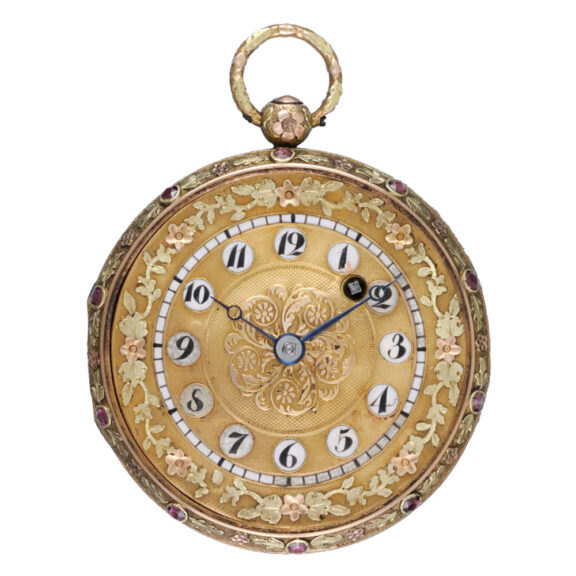 A Swiss verge in a three colour gold ruby set case Circa 1820 A Swiss verge in a three colour gold ruby set case Circa 1820