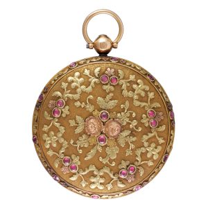 A Swiss verge in a ruby set three colour gold case Circa 1820