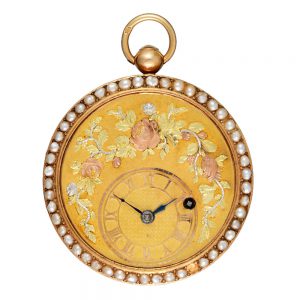 A Swiss verge with three colour gold dial and pearls Circa 1820
