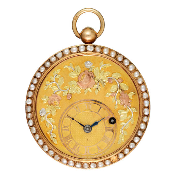 A Swiss verge with three colour gold dial and pearls Circa 1820