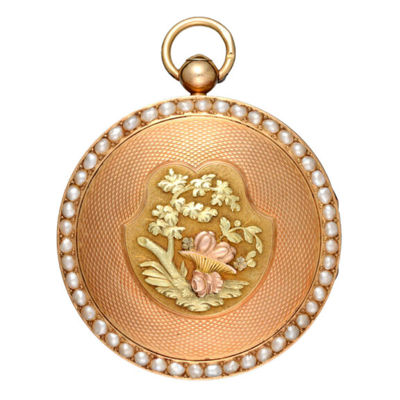A Swiss verge with three colour gold dial and pearls Circa 1820 A Swiss verge with three colour gold dial and pearls Circa 1820