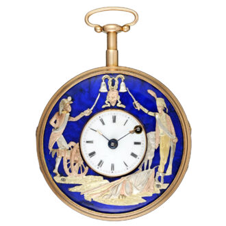 A Swiss quarter repeating automaton in a gold case Circa 1820