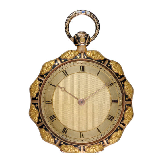 A gold French cylinder in a champleve enamel case Circa 1830 A gold French cylinder in a champleve enamel case Circa 1830