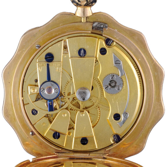 A gold French cylinder in a champleve enamel case Circa 1830 A gold French cylinder in a champleve enamel case Circa 1830