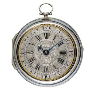 Pocket watch with silver champleve dial in pair cases circa 1700