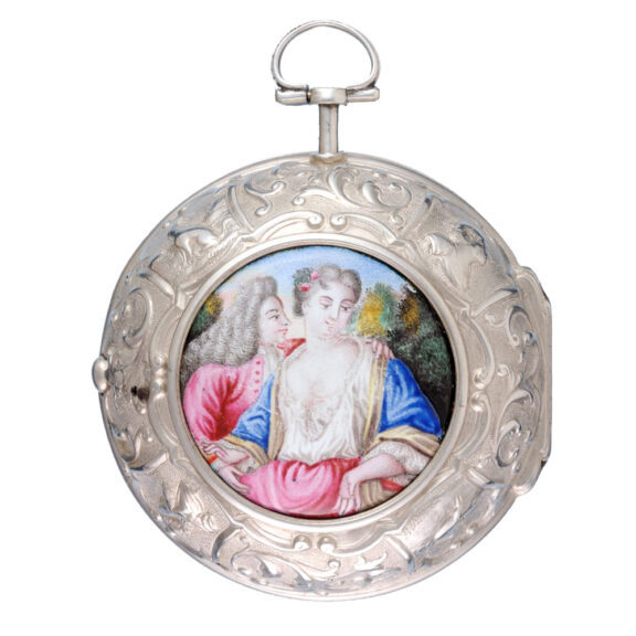 Calendar verge champleve dial in repousse pair cases Circa 1720